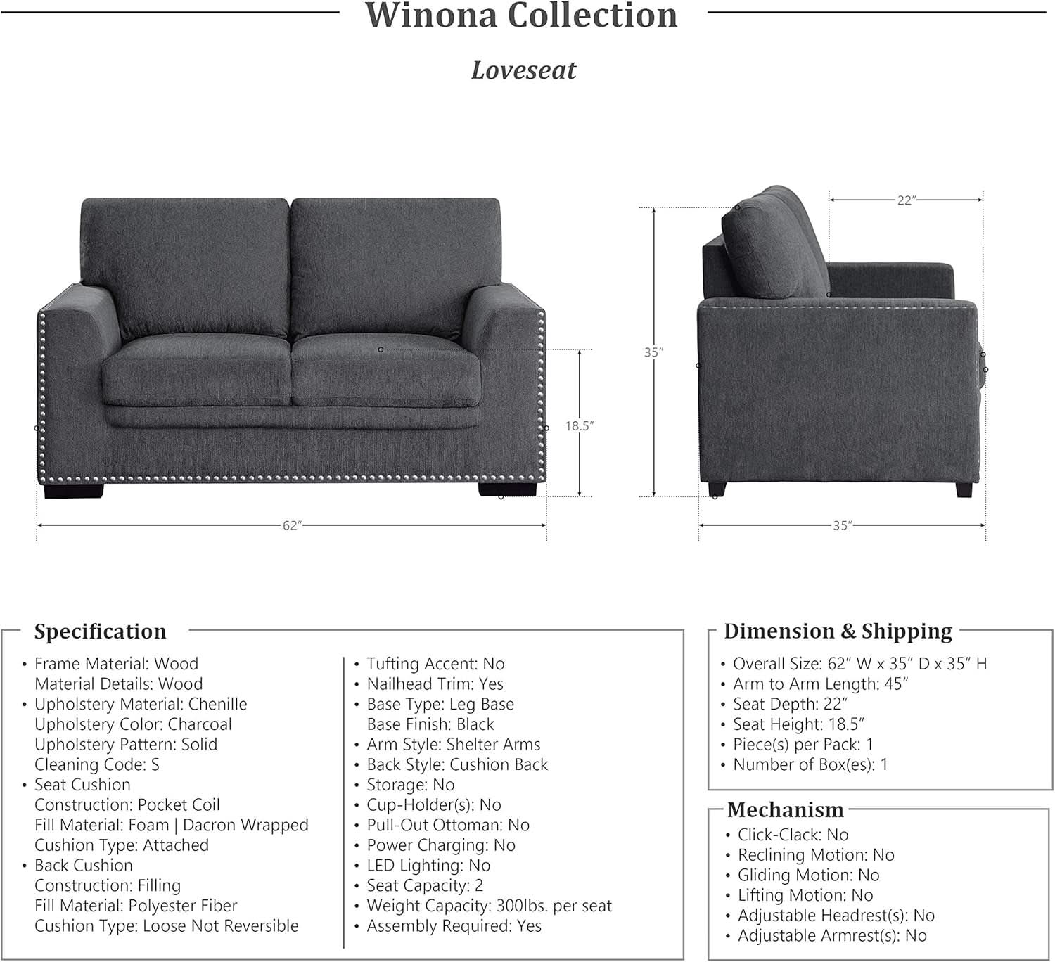 Charcoal 3 Piece Living Room Set With Chenille Upholstery-2
