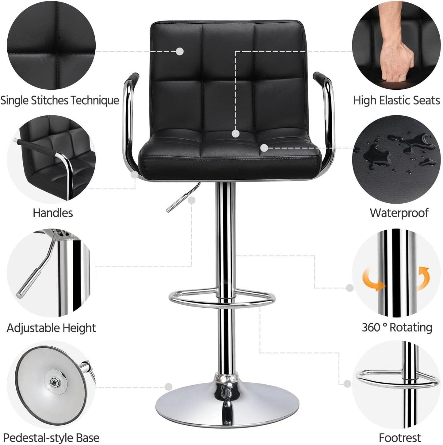 Bar Stools Set Of 2 Adjustable PU Leather Black Swivel-4