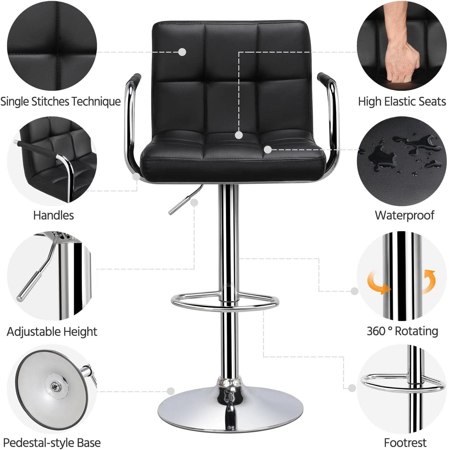 Bar Stools Set Of 2 Adjustable PU Leather Black Swivel-4
