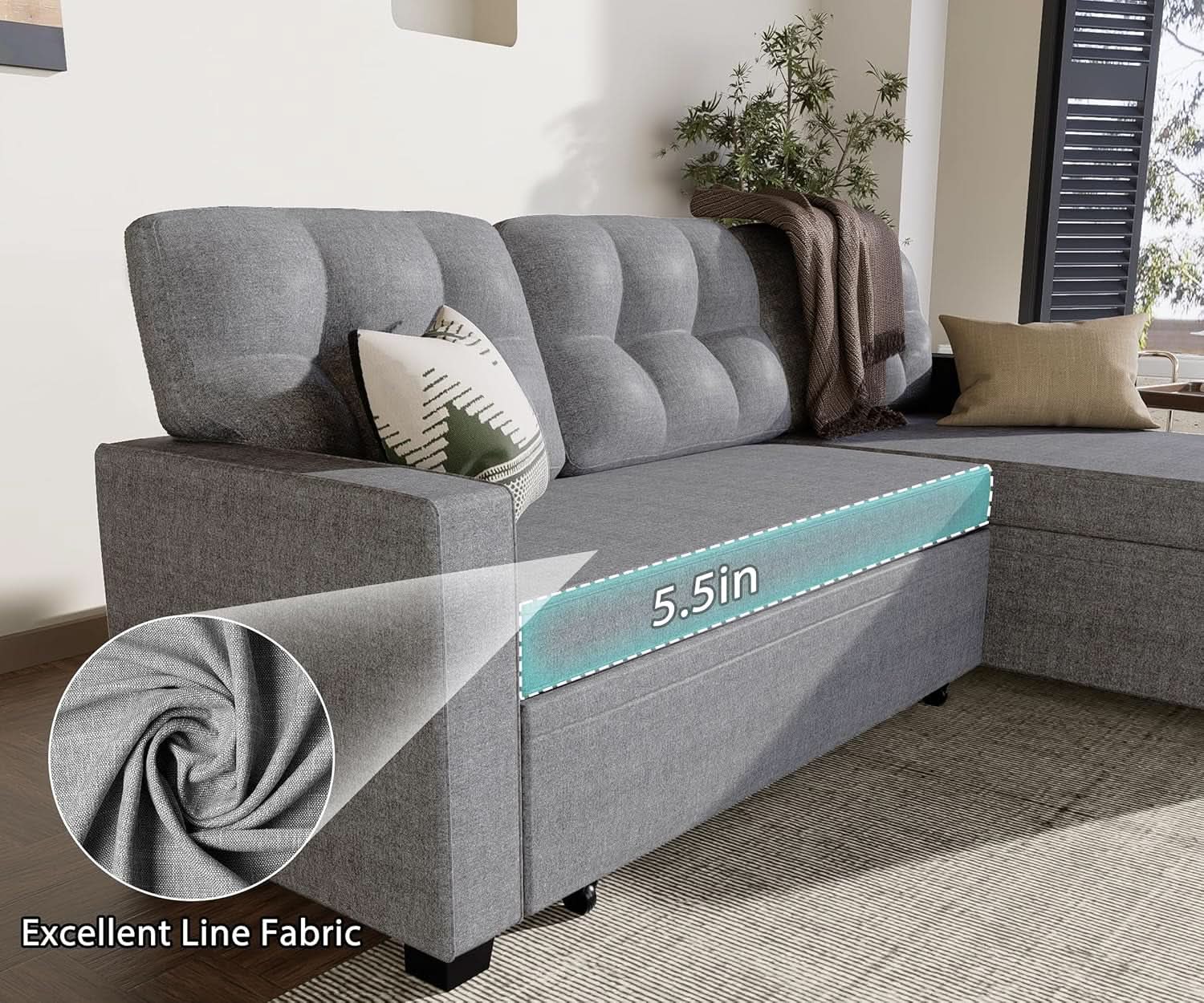 Reversible Sectional Sofa Couch, Sleeper Sofa Bed with Storage Chaise Pull Out Couch for Living Room | Hidden Stroge | Pull Out Bed | Removable Backrest | Linen Fabric, Light Grey-4
