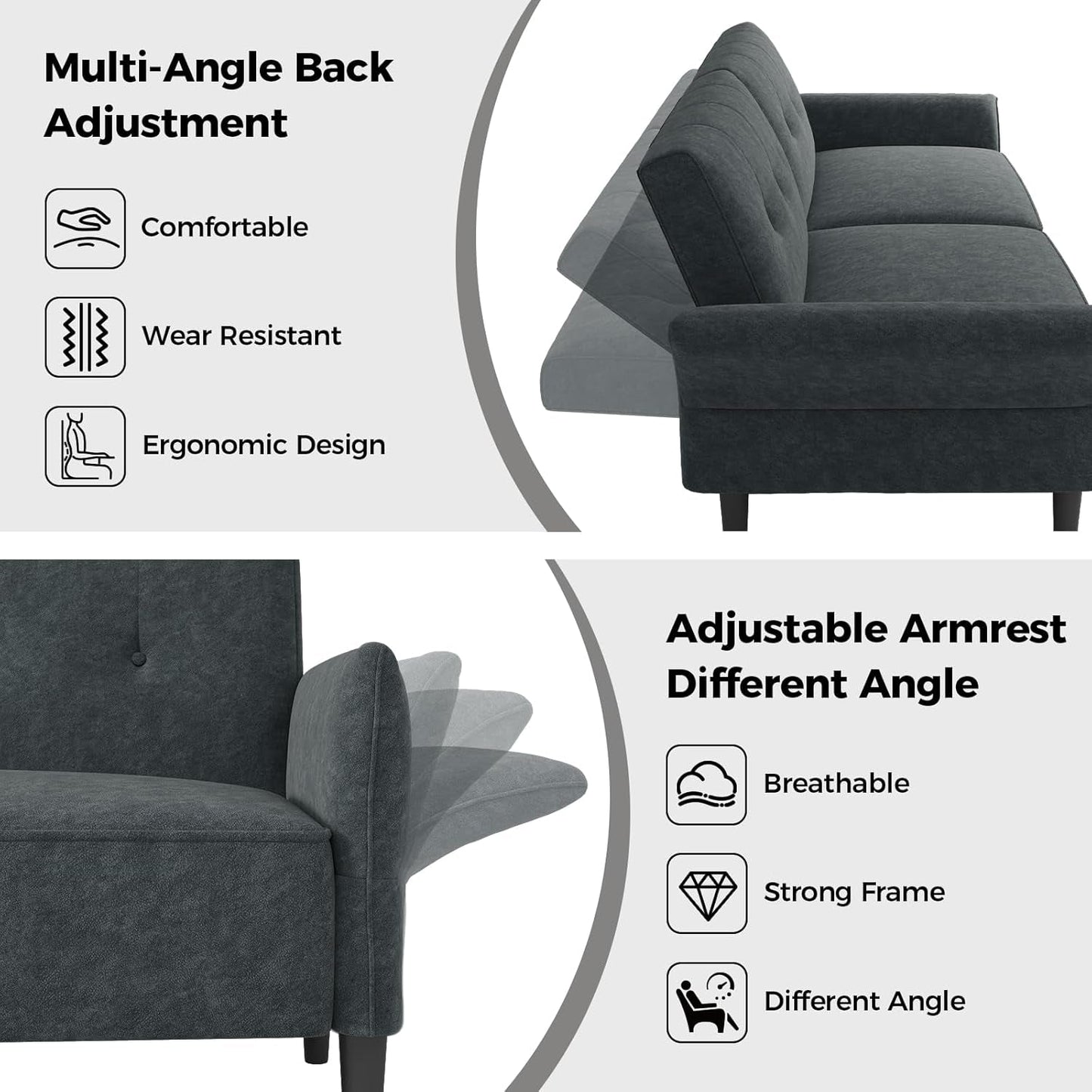 89 Inch Dark Gray Velvet Fabric Convertible SofaBed-2