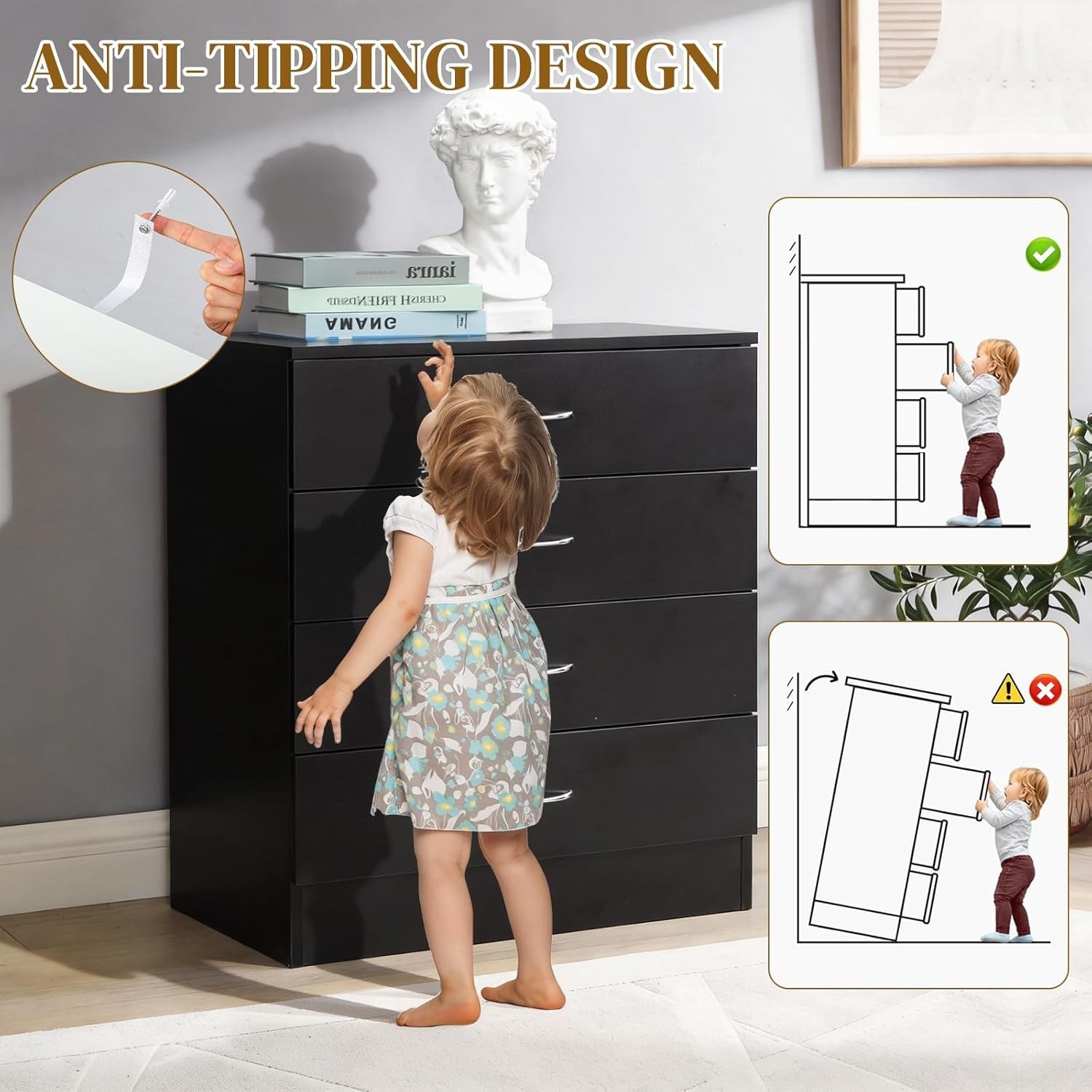 Black Four Drawer Dresser for Bedroom Organization-3