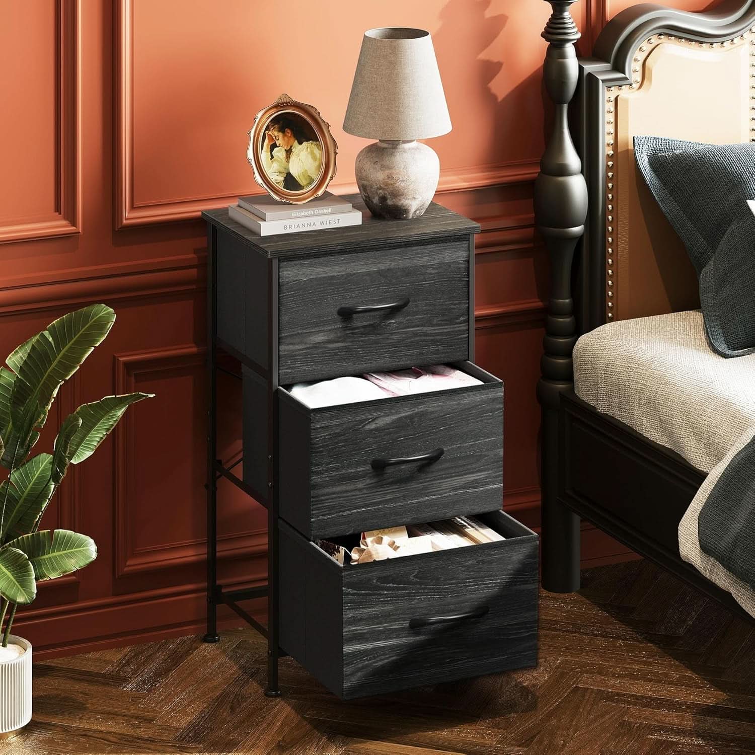 Bedroom Nightstand With Three Drawers Charcoal Black-1