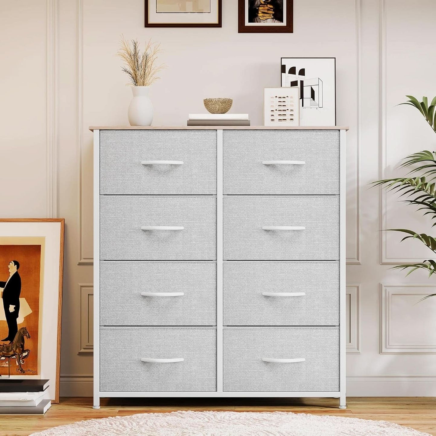 Bedroom Tall Linen Textured Fabric Dresser Drawers-3