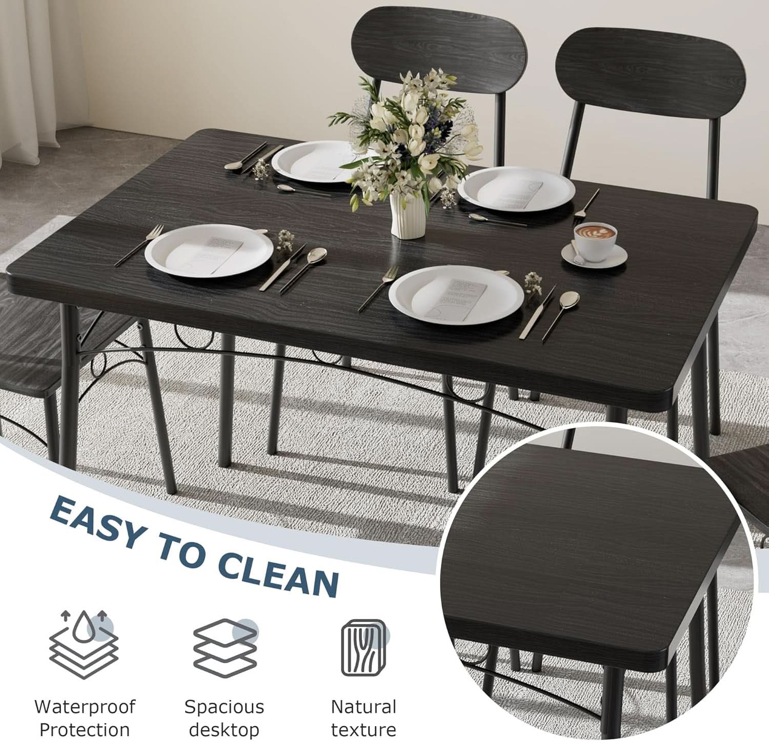 Black MDF Space Saving Dining Room Table Set With Chairs For Four-4
