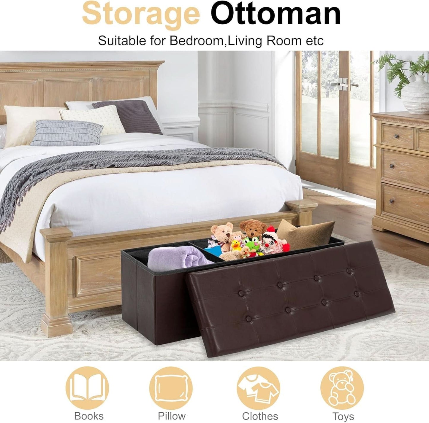 Forty Three Inches Folding Storage Ottoman Bench Brown Leather-3