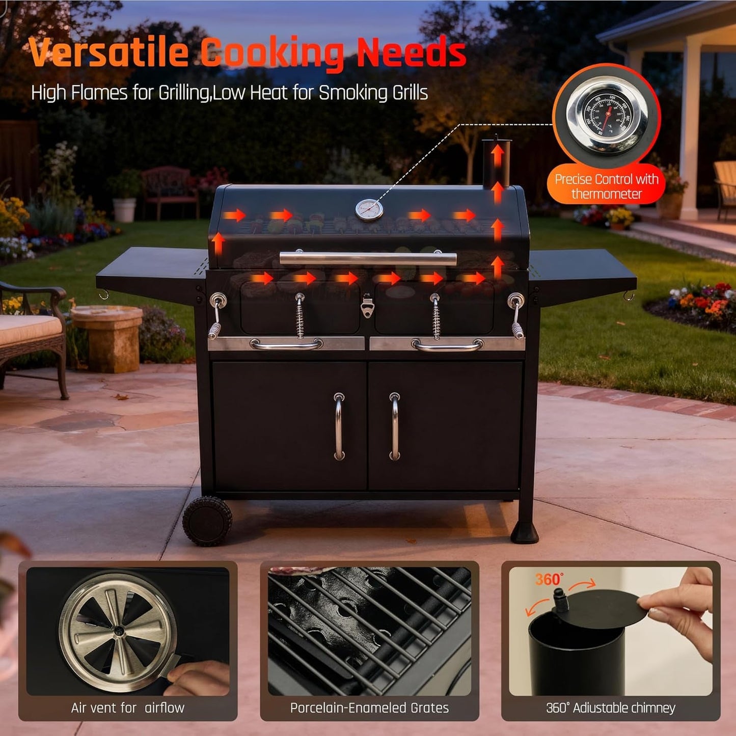 36 Inch Charcoal Fueled Industrial Grill Dual Zone Smoker-4