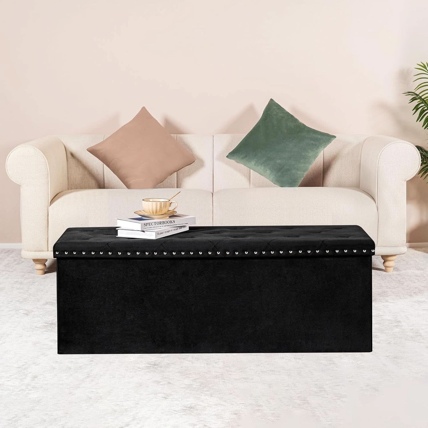 Black Premium Velvet Storage Ottoman Bench Bedroom-1