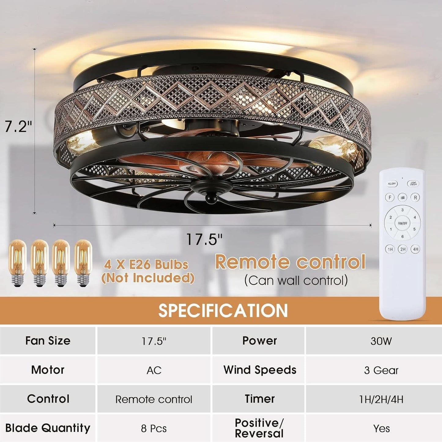 18 Inch Industrial Caged Ceiling Fan With Light Remote-4