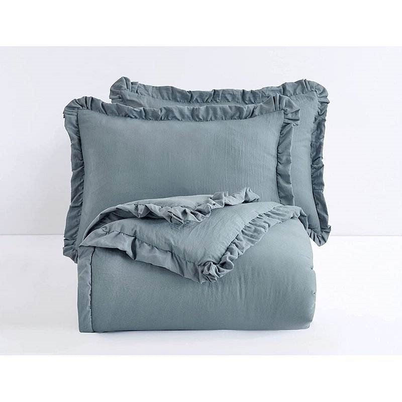 Queen Oversized Blue Ruffled Edge Microfiber Comforter Set-1