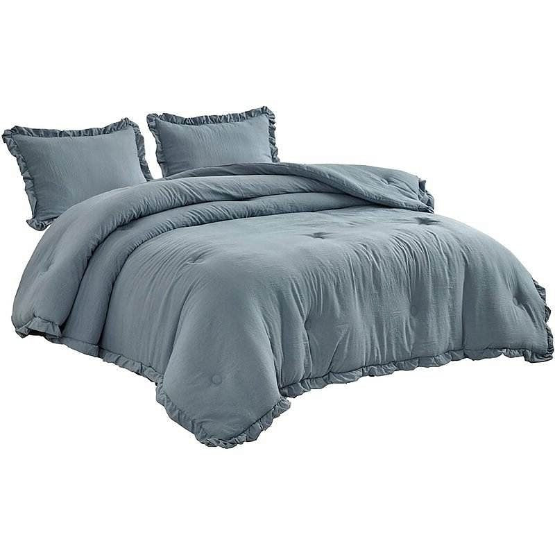 Queen Oversized Blue Ruffled Edge Microfiber Comforter Set-2