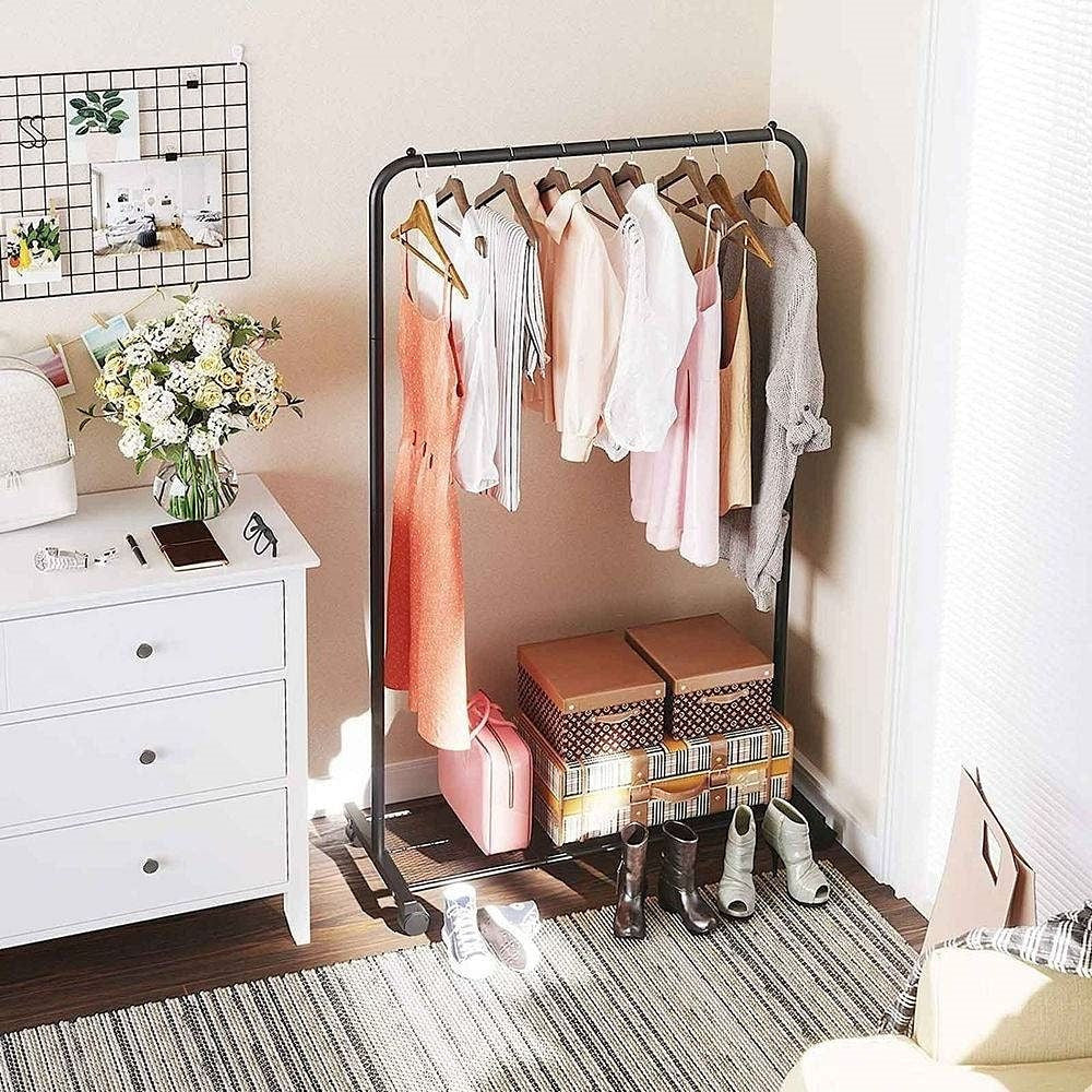 Simple Black Steel Tube Rolling Garment Clothes Rack with Bottom Mesh Shelf-1