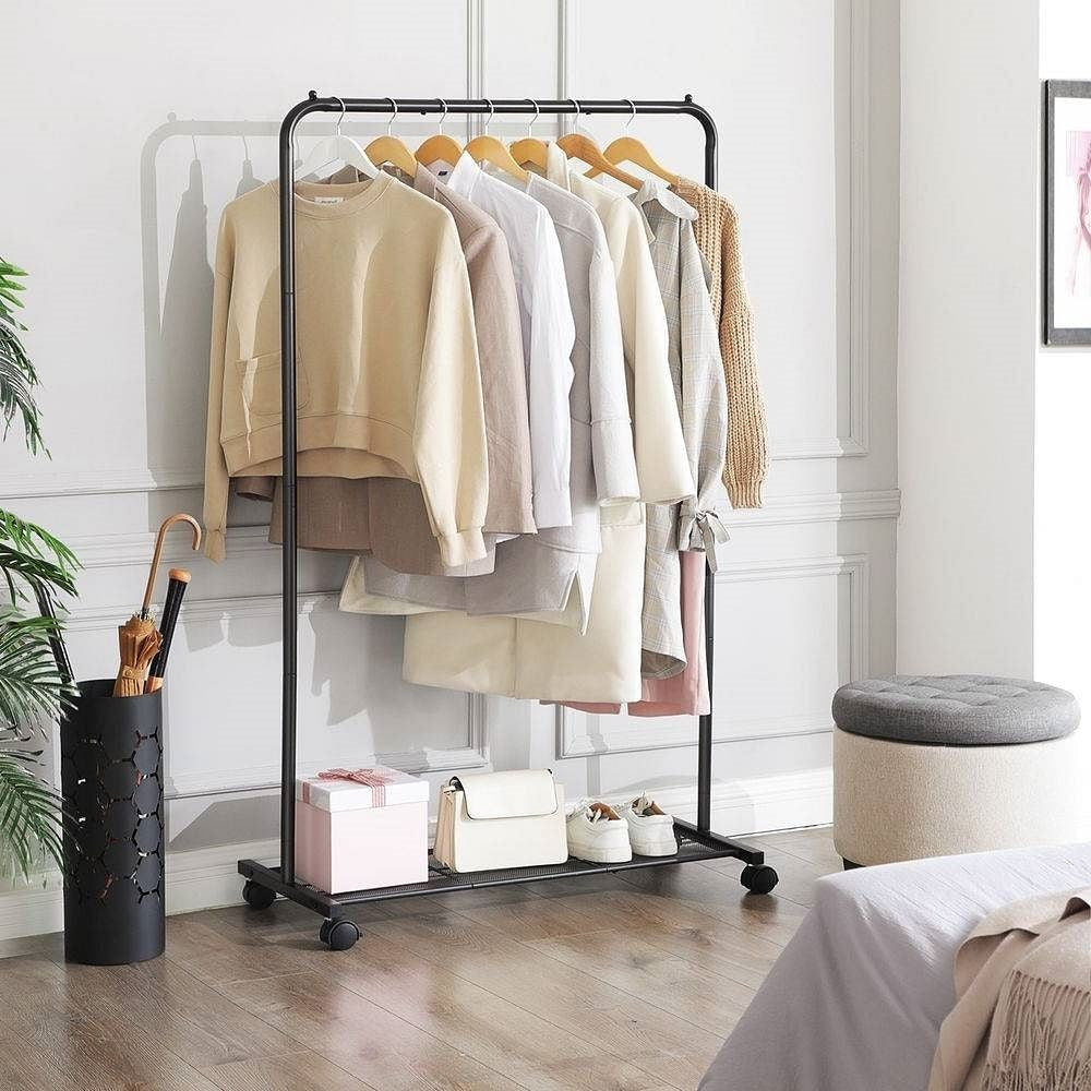 Simple Black Steel Tube Rolling Garment Clothes Rack with Bottom Mesh Shelf-2