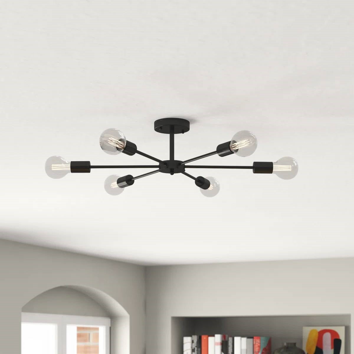 Mid-Century Modern 6-Light Semi Flush Mount Sputnik Ceiling Light in Black-1