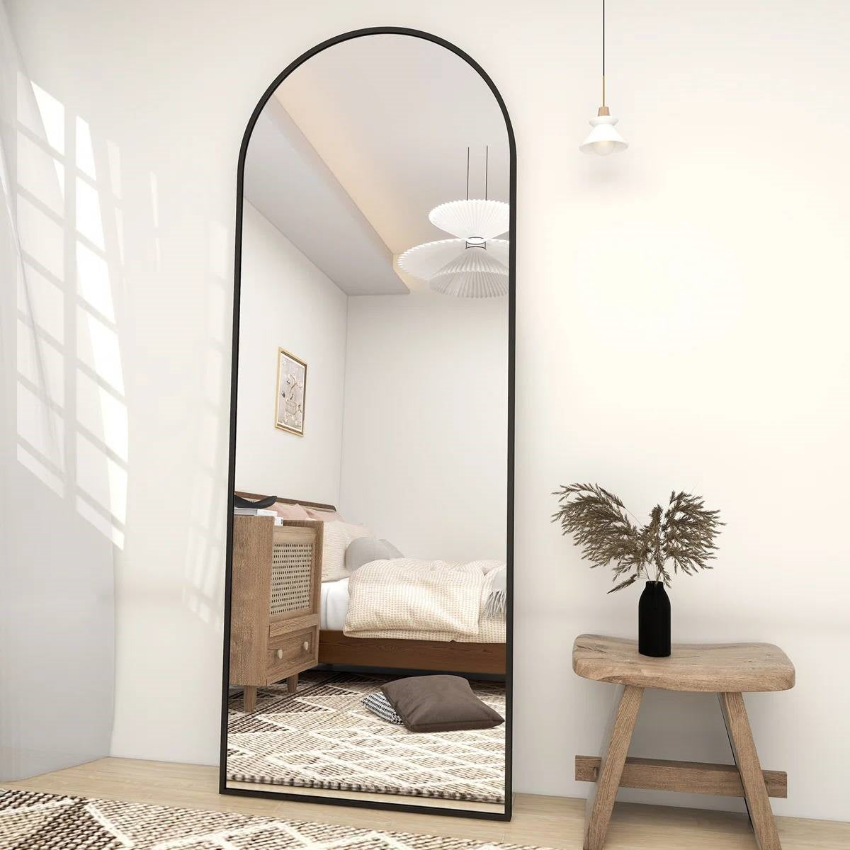Black 64-inch Full Length Arched Floor Mirror with Stand and Wall Hanging Screws-2