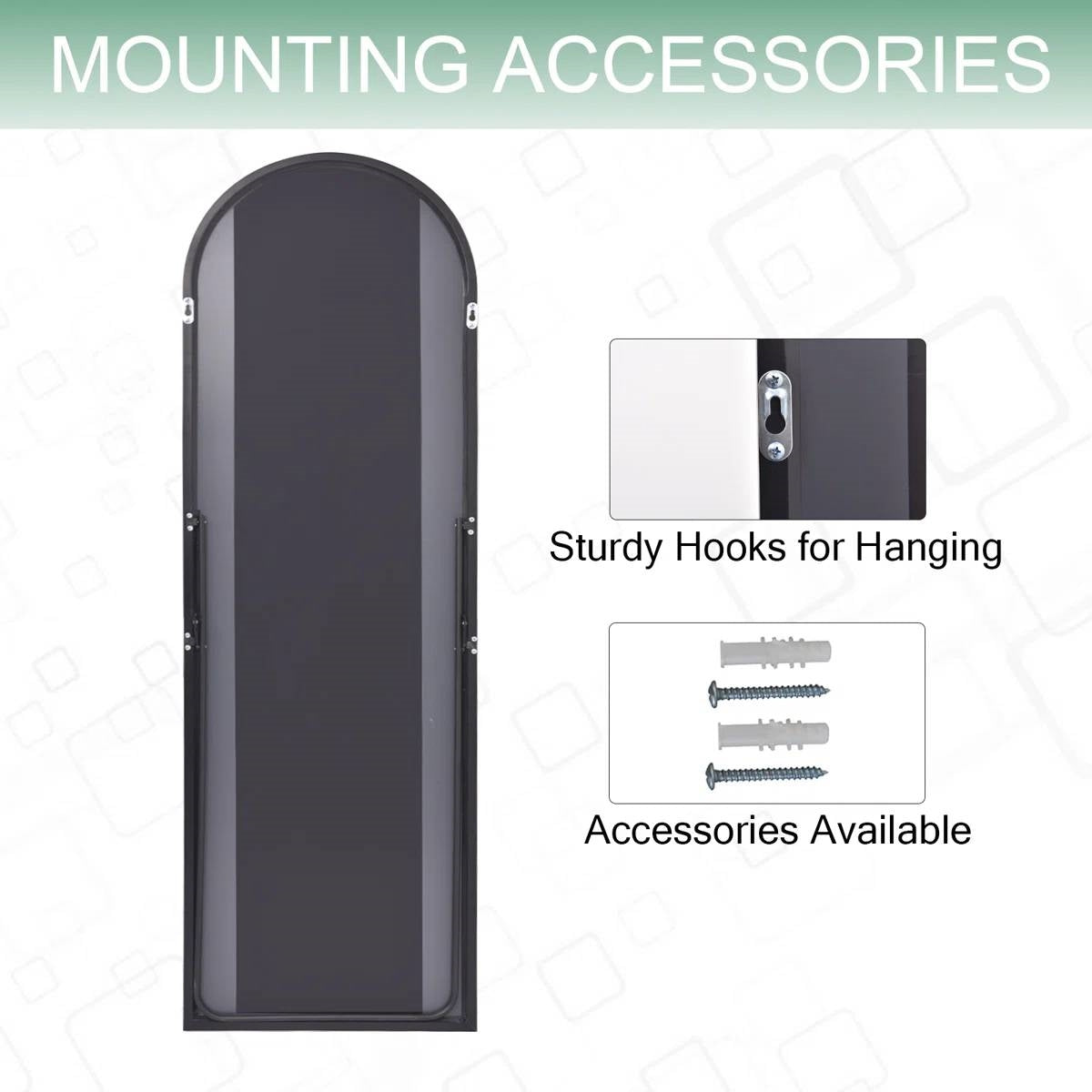 Black 64-inch Full Length Arched Floor Mirror with Stand and Wall Hanging Screws-3
