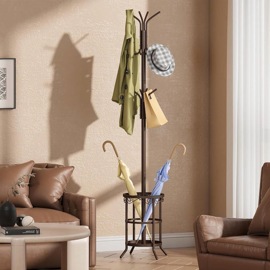 Brown Metal Coat Rack Entryway Hall Tree with Umbrella Stand-0