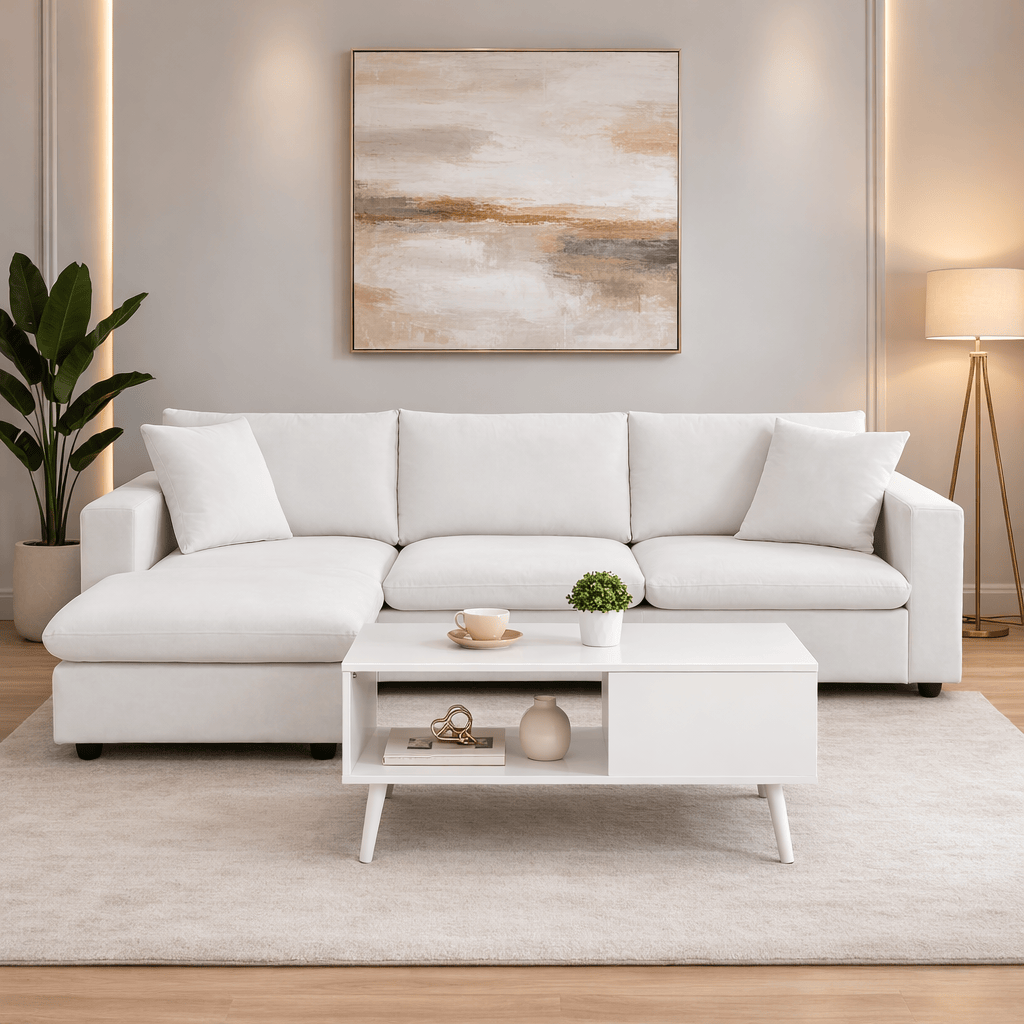 100.4" L-Shaped Sectional Sofa with Ottoman and Coffee Table Set – 4 Seat White Living Room Bundle