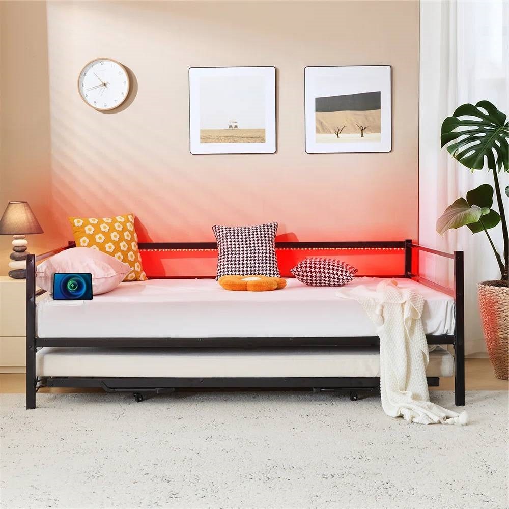 Full size Black Metal Daybed with Twin size Pop Up Trundle and LED Lights-1
