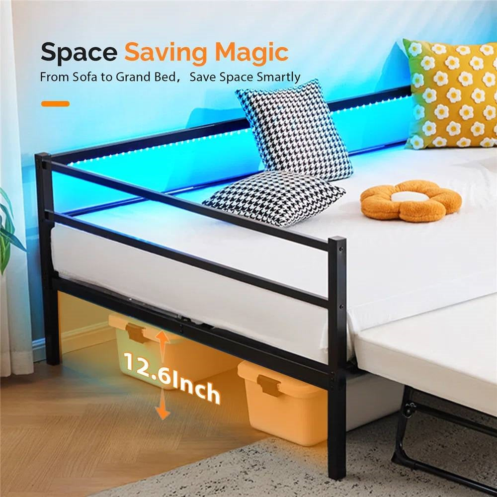 Full size Black Metal Daybed with Twin size Pop Up Trundle and LED Lights-2