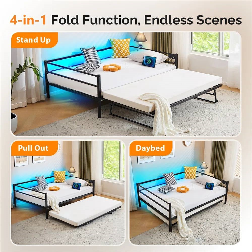 Full size Black Metal Daybed with Twin size Pop Up Trundle and LED Lights-3