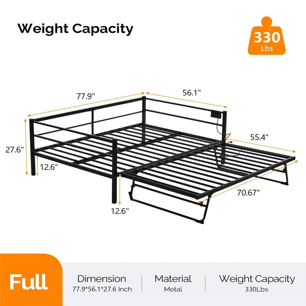 Full size Black Metal Daybed with Twin size Pop Up Trundle and LED Lights-4