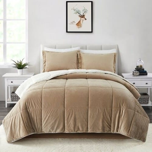 Queen Plush Microfiber Reversible Comforter Set in Gold-0