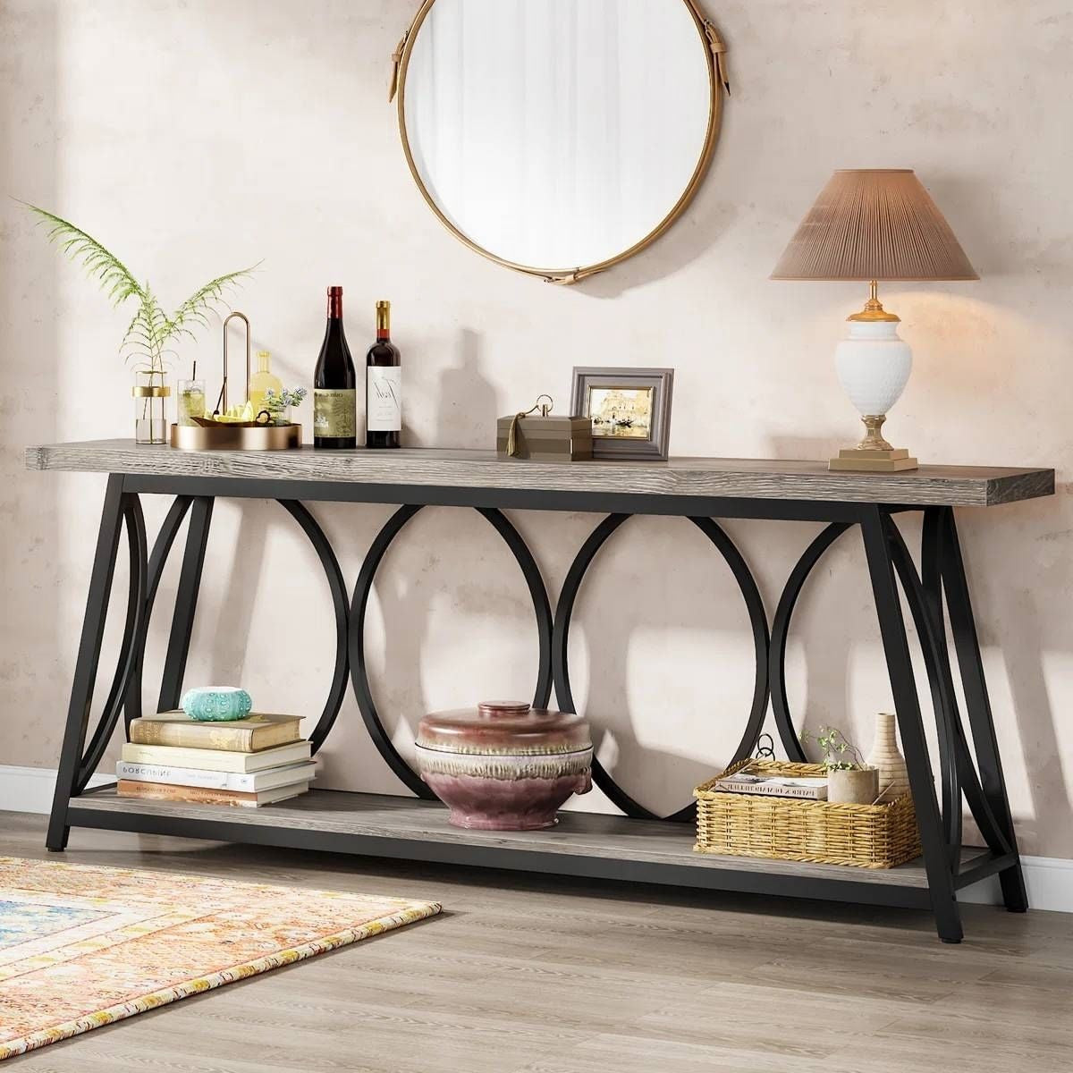 Industrial 70-inch Grey Wood Top Sofa Table with Heavy Duty Black Metal Frame-0