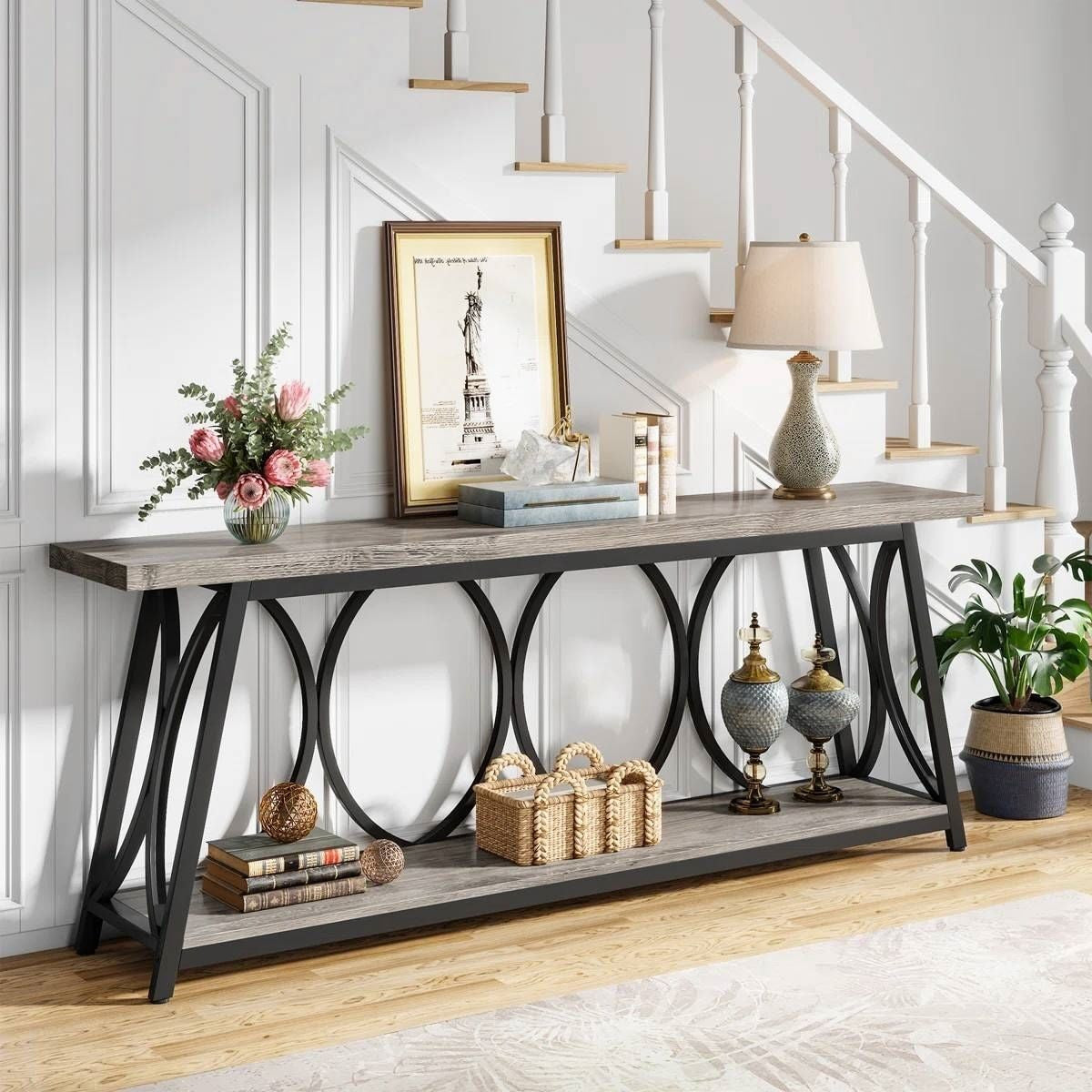 Industrial 70-inch Grey Wood Top Sofa Table with Heavy Duty Black Metal Frame-1