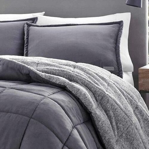 Full/Queen Plush Sherpa Reversible Micro Suede Comforter Set in Gray-0