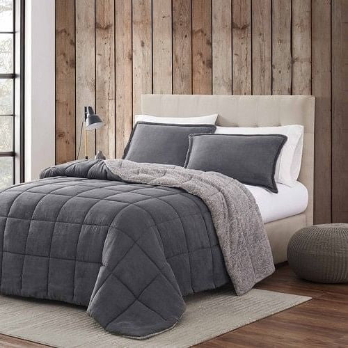 Full/Queen Plush Sherpa Reversible Micro Suede Comforter Set in Gray-2