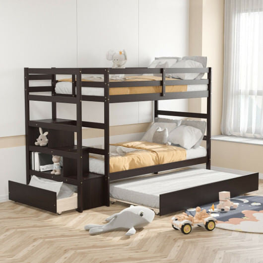 Twin Over Twin Bunk Bed with Storage Shelf and Drawer-Dark Brown-0