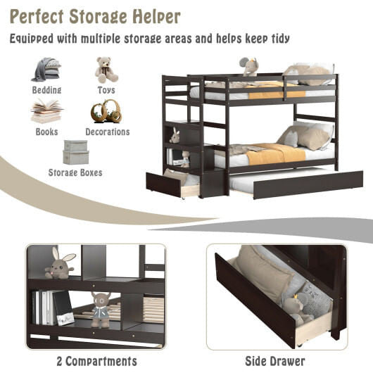 Twin Over Twin Bunk Bed with Storage Shelf and Drawer-Dark Brown-3