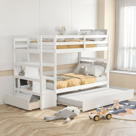 Twin Over Twin Bunk Bed with Storage Shelf and Drawer-Dark Brown-5