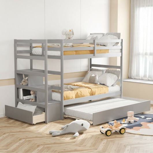 Twin Over Twin Bunk Bed with Storage Shelf and Drawer-Dark Brown-10