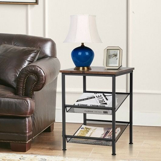 3-Tier Industrial End Table with Mesh Shelves and Adjustable Shelves-2
