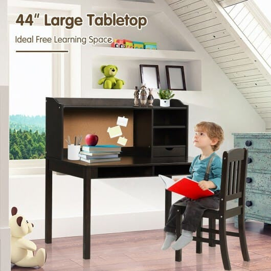 Kids Desk and Chair Set Study Writing Desk with Hutch and Bookshelves-White-3
