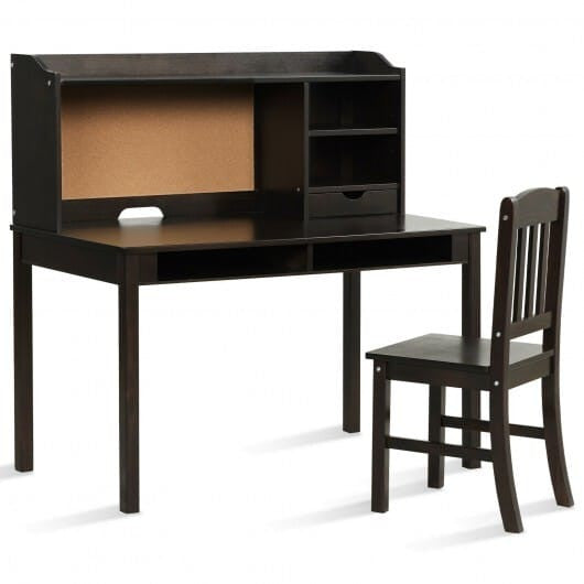 Kids Desk and Chair Set Study Writing Desk with Hutch and Bookshelves-White-4