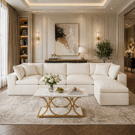 130" L-Shaped Cloud Sectional Sofa with Faux Marble Coffee Table 2-Piece Living Room Bundle White/Gold-0