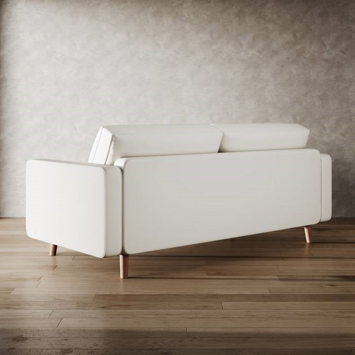 Ivory Upholstered Faux Leather Sofa w/ Pillows Solid Hardwood Legs-2