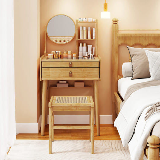 Small Vanity Desk and Stool Set with Mirror and 2 Drawers-0