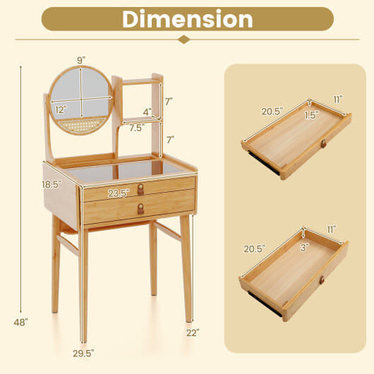 Small Vanity Desk and Stool Set with Mirror and 2 Drawers-2