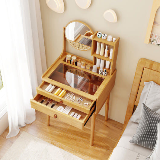 Small Vanity Desk and Stool Set with Mirror and 2 Drawers-3