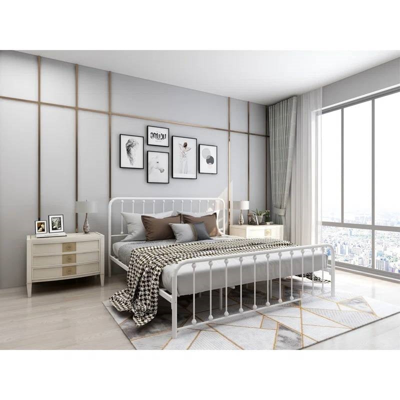 King White Metal Platform Bed Frame with Rounded Corners Headboard Footboard-3