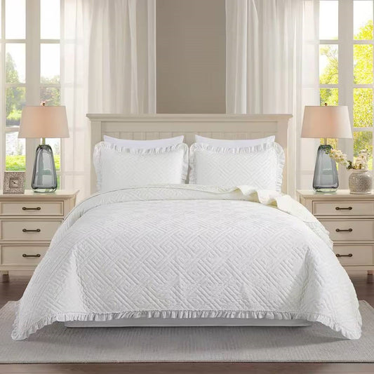 King size Ivory White Velvet Microfiber Polyester Reversible 3-Piece Quilt Set-0