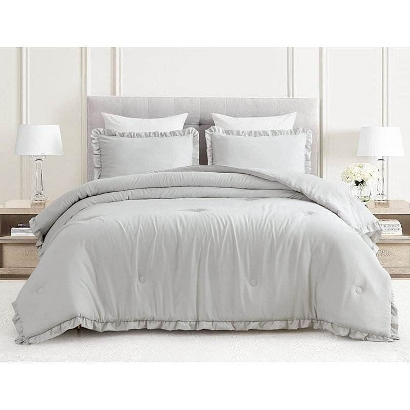 Queen Oversized Grey Ruffled Edge Microfiber Comforter Set-2