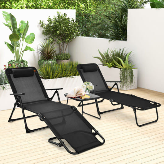 3 Pieces Patio Folding Chaise Lounge Set with PVC Tabletop-Black-0