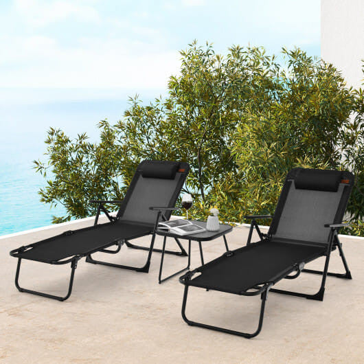3 Pieces Patio Folding Chaise Lounge Set with PVC Tabletop-Black-1