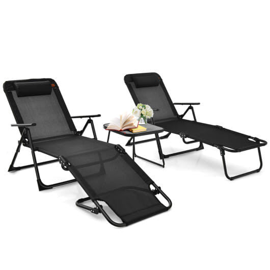 3 Pieces Patio Folding Chaise Lounge Set with PVC Tabletop-Black-2