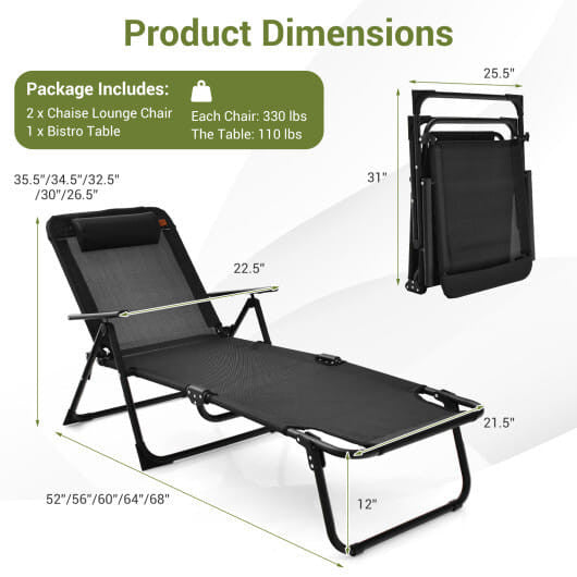 3 Pieces Patio Folding Chaise Lounge Set with PVC Tabletop-Black-3